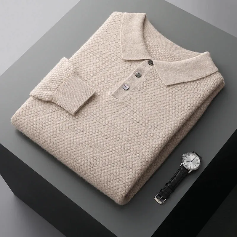 100 % Cashmere Sweater for Men Winter Turn-Down Collar Knitted Pullover Solid Long Sleeve Polo Shirt Soft Warm Sweaters