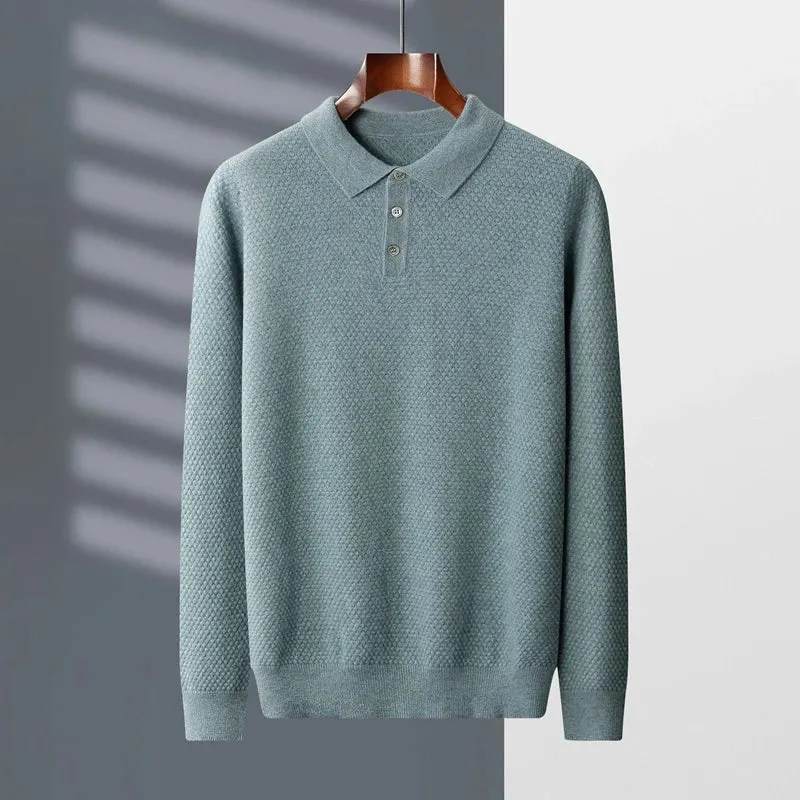 100 % Cashmere Sweater for Men Winter Turn-Down Collar Knitted Pullover Solid Long Sleeve Polo Shirt Soft Warm Sweaters