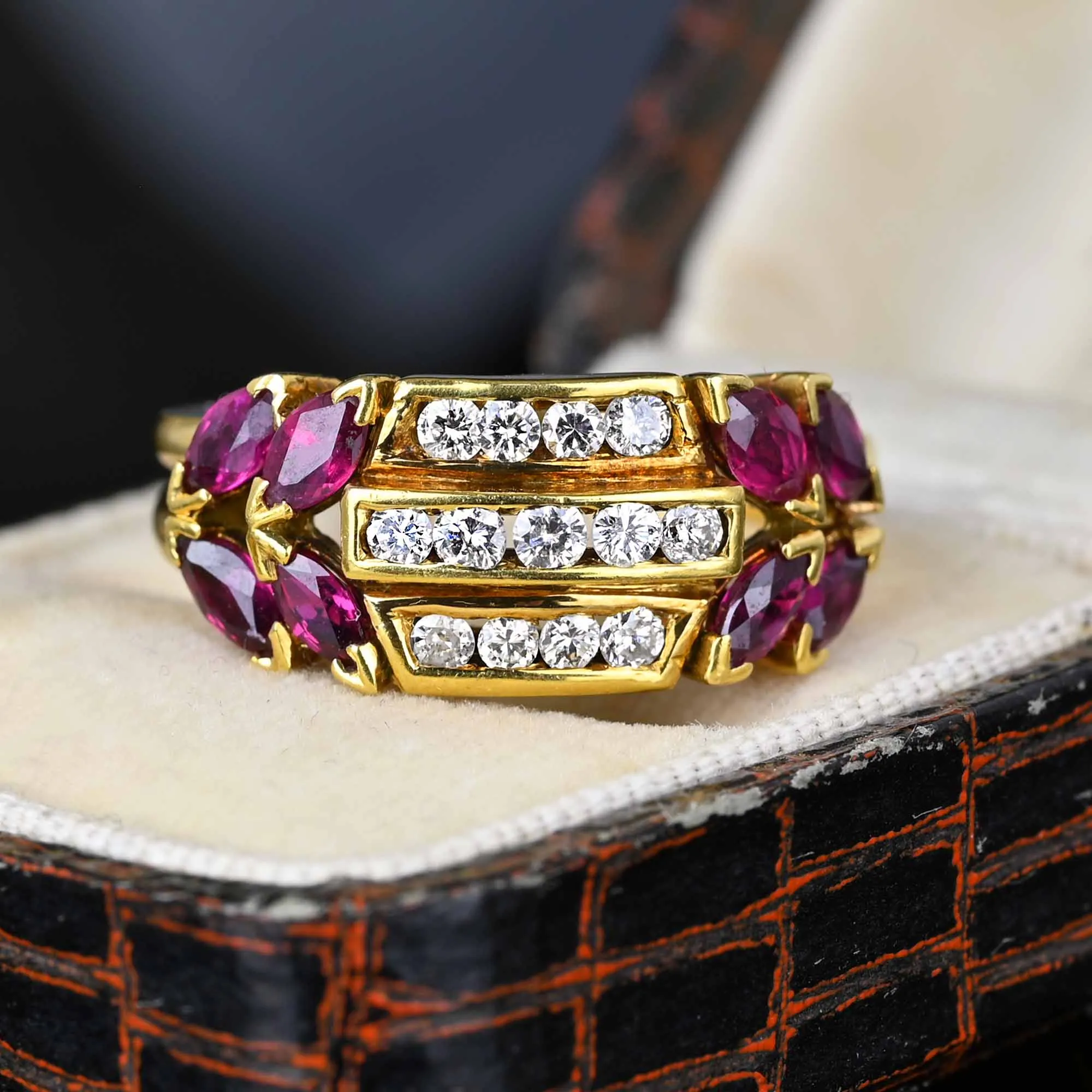 18K Gold Three Row Diamond Marquise Ruby Ring, 1940s