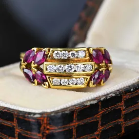 18K Gold Three Row Diamond Marquise Ruby Ring, 1940s