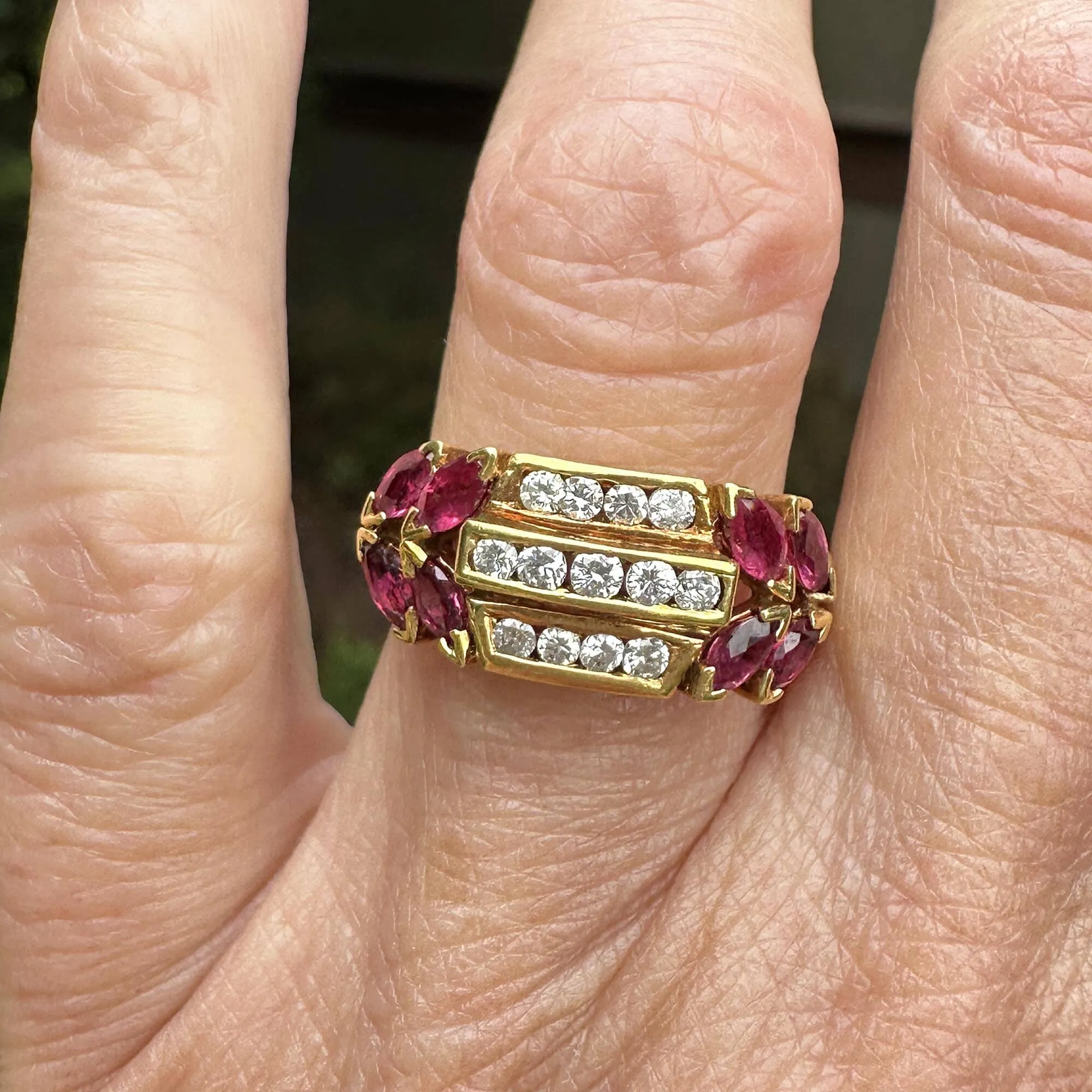 18K Gold Three Row Diamond Marquise Ruby Ring, 1940s