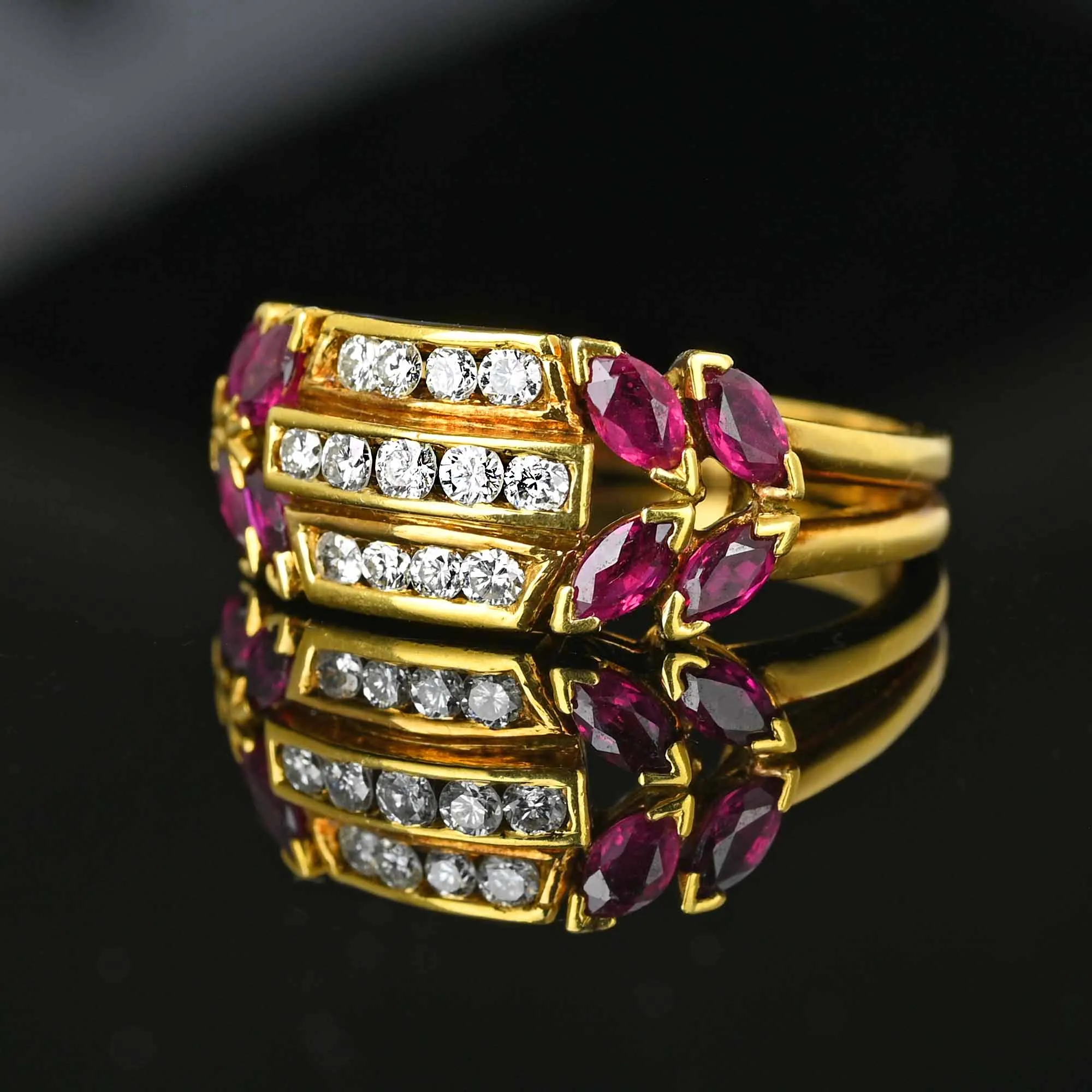 18K Gold Three Row Diamond Marquise Ruby Ring, 1940s