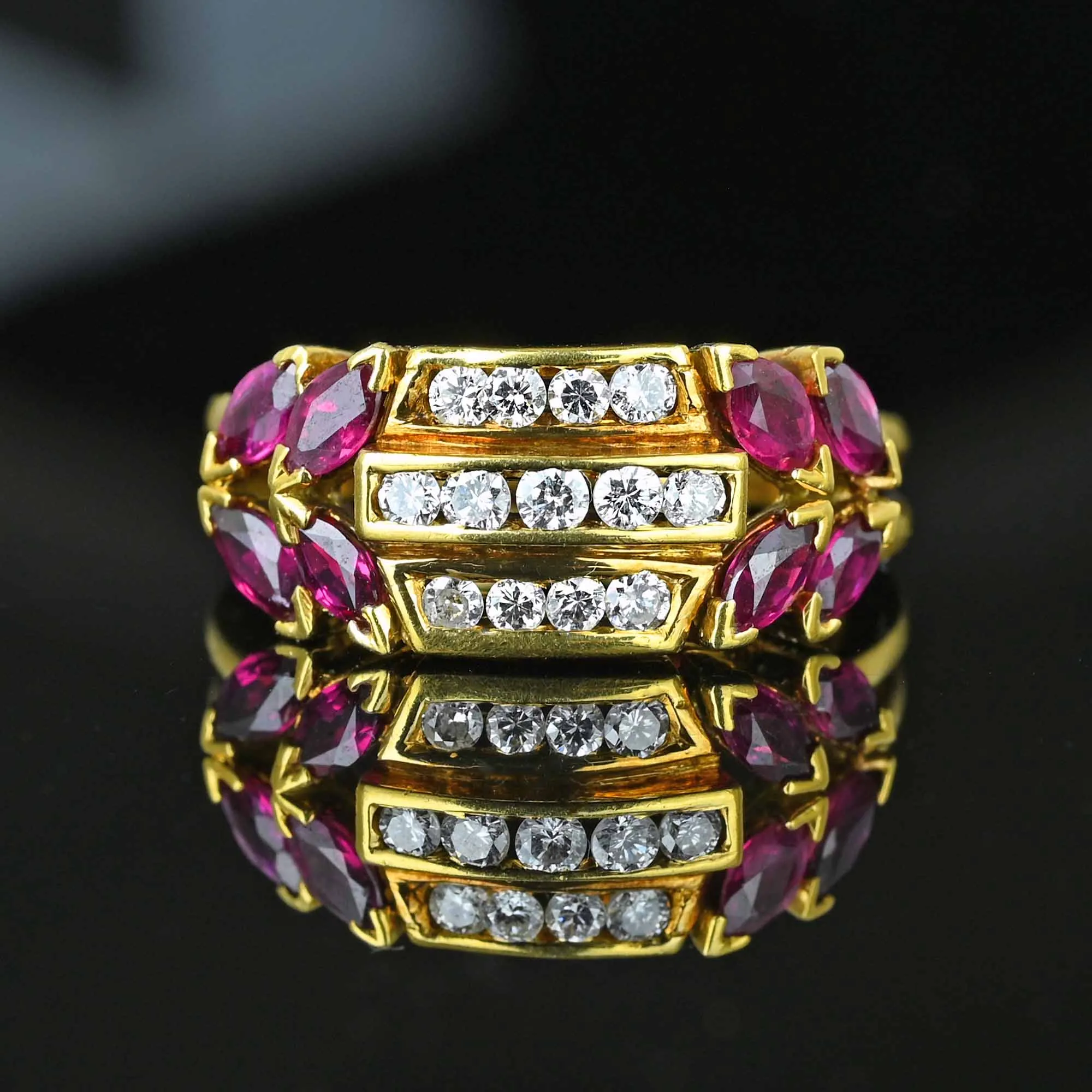 18K Gold Three Row Diamond Marquise Ruby Ring, 1940s