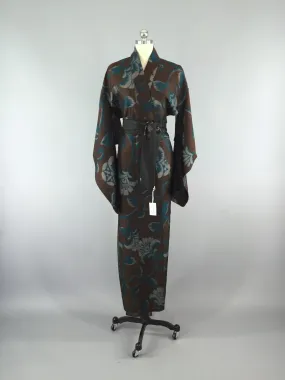 1930s Vintage Silk Kimono Robe / Brown Floral