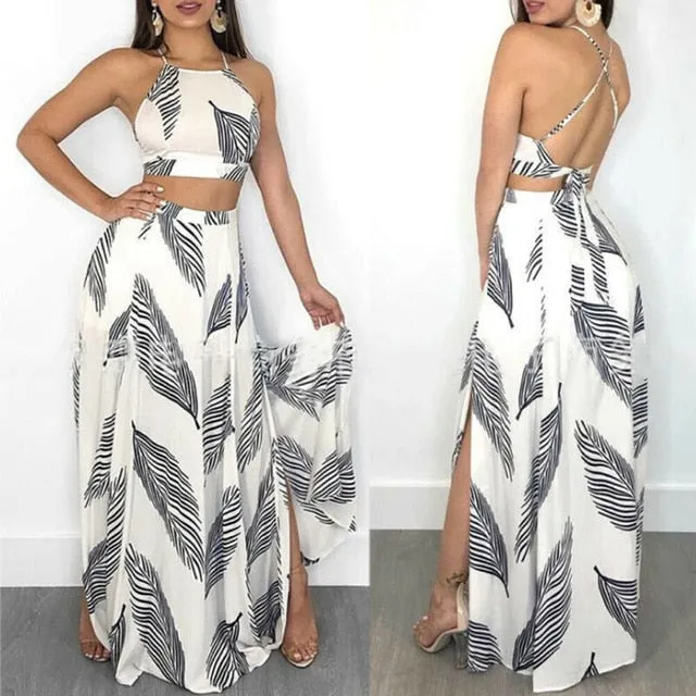 2 Piece Sexy Halter Leaves High Waist Skirt Set