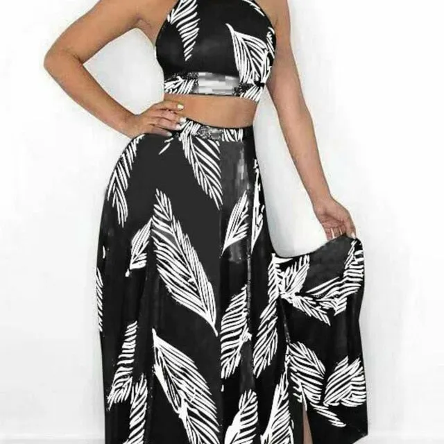 2 Piece Sexy Halter Leaves High Waist Skirt Set