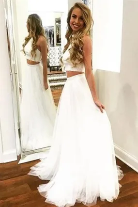 2 Pieces Simple Flowy A-Line Ivory Long Open Back Prom Dresses For Teens