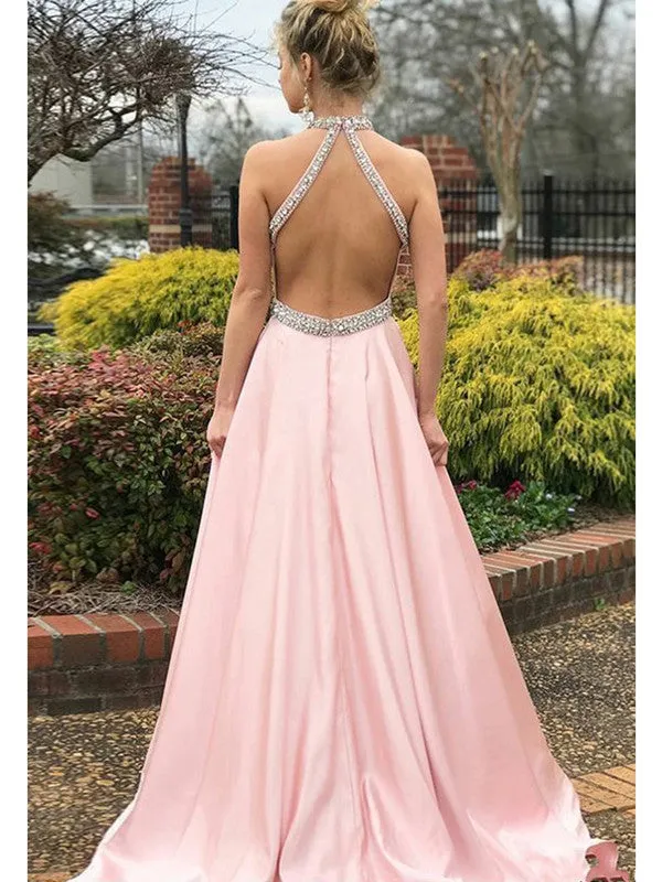 2019 Halter Beads Open Back A Line Sweep Train Satin Evening Party Special Prom Dress