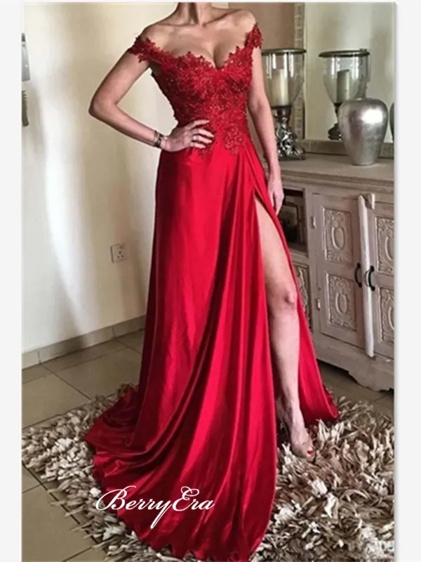 2019 Off The Shoulder Slit Prom Dresses, Lace Long Gown Dresses