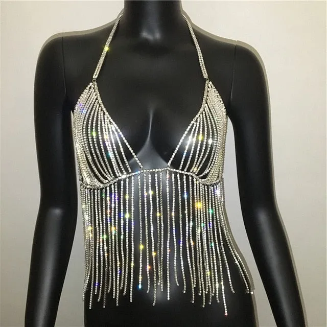 2021 Women's Sexy Tassel Bralette Crystal Bikini Body Chain Crop Top Size One Size