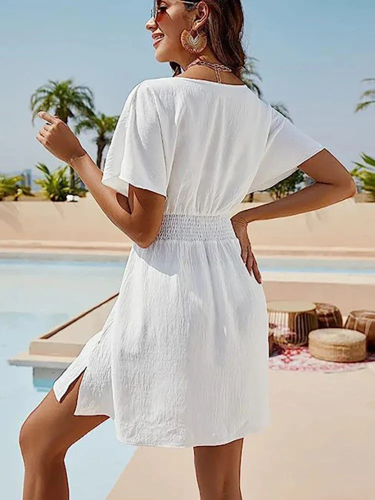 2024 Solid Loose White Beach Dress Ladies Boho Mini Dress