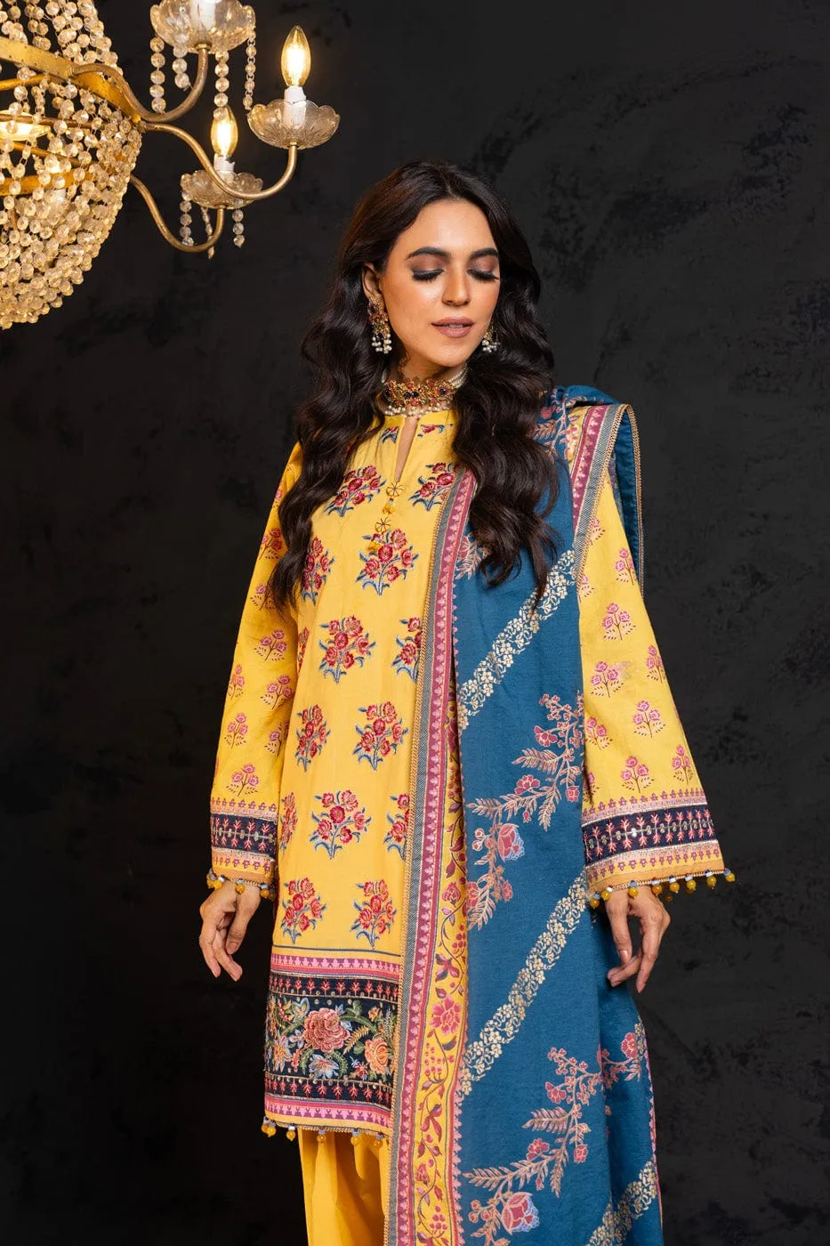 3 Pc Embroidered Cambric Suit With Cotton Silk Dupatta