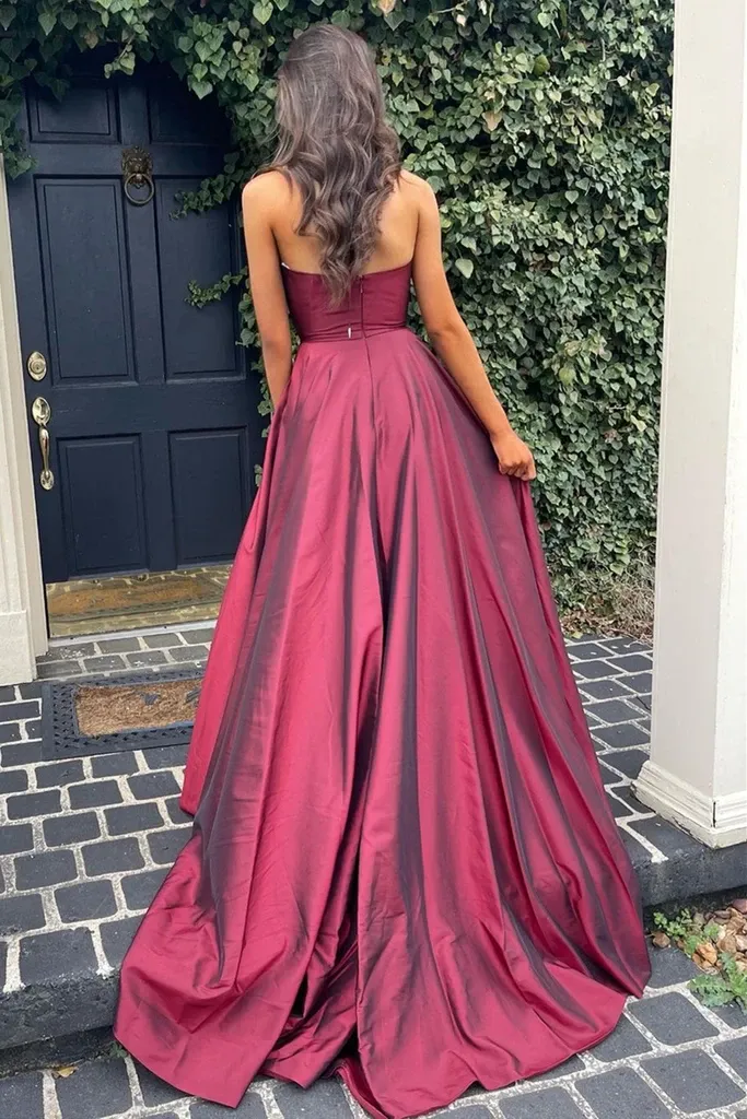 A Line Halter  V Neck Open Back Burgundy Long Prom Dresses with High Leg Slit, Backless Burgundy Formal Dresses, V Neck Maroon Open Back Evening Dresses