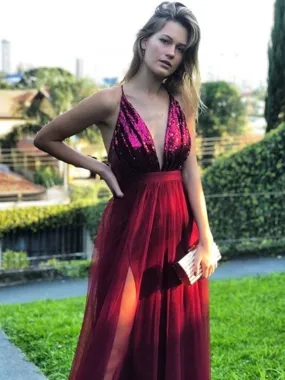 A Line V Neck Backless Sequins Top Burgundy Prom Dresses with Slit, V Neck Backless Burgundy Formal Dresses, Burgundy Evening Dresses