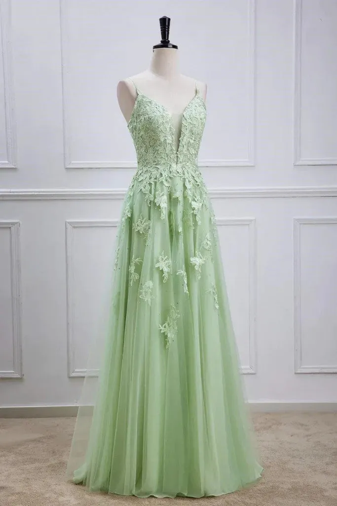 A Line V Neck Beaded Green Lace Long Prom Dresses, V Neck Beaded Green Lace Long Formal Evening Dresses