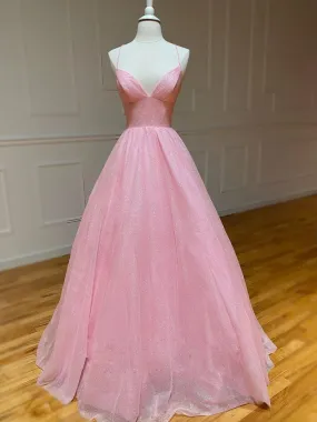 A Line V Neck Pink Backless Tulle Long Prom Dresses, A Line V Neck Pink Backless Tulle Long  Formal Evening Dresses