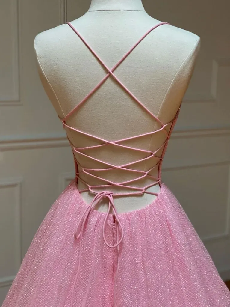 A Line V Neck Pink Backless Tulle Long Prom Dresses, A Line V Neck Pink Backless Tulle Long  Formal Evening Dresses