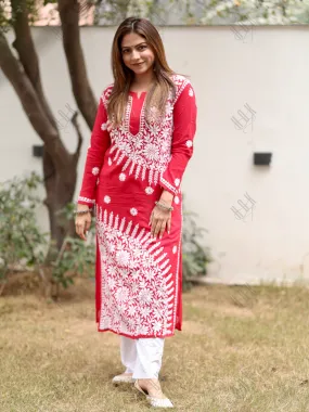 Aanchal Hans in Red Fizaa Chikankari Modal Cotton Kurta