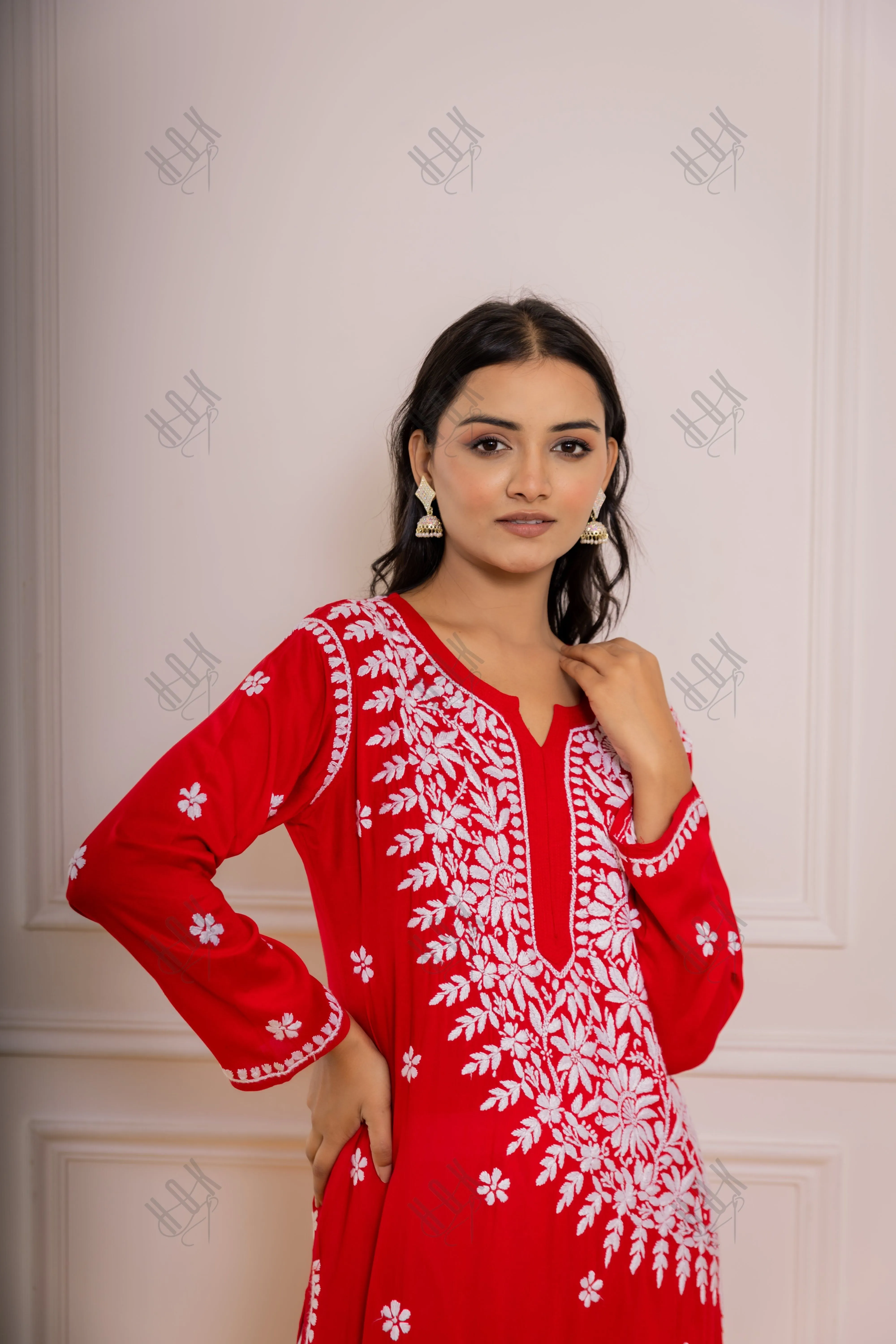 Aanchal Hans in Red Fizaa Chikankari Modal Cotton Kurta