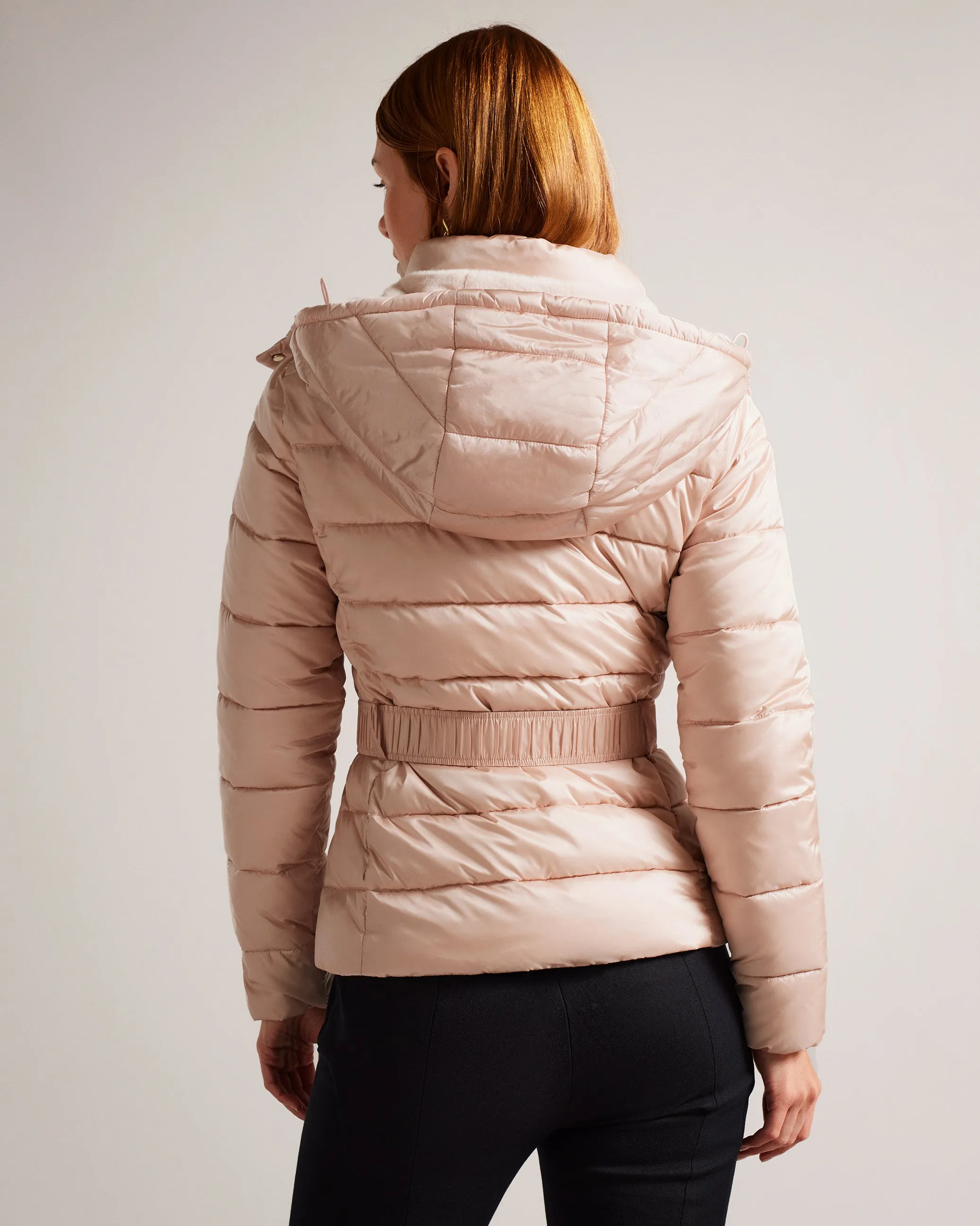 Abbiiee Belted Padded Coat With Detachable Hood Dusky-Pink