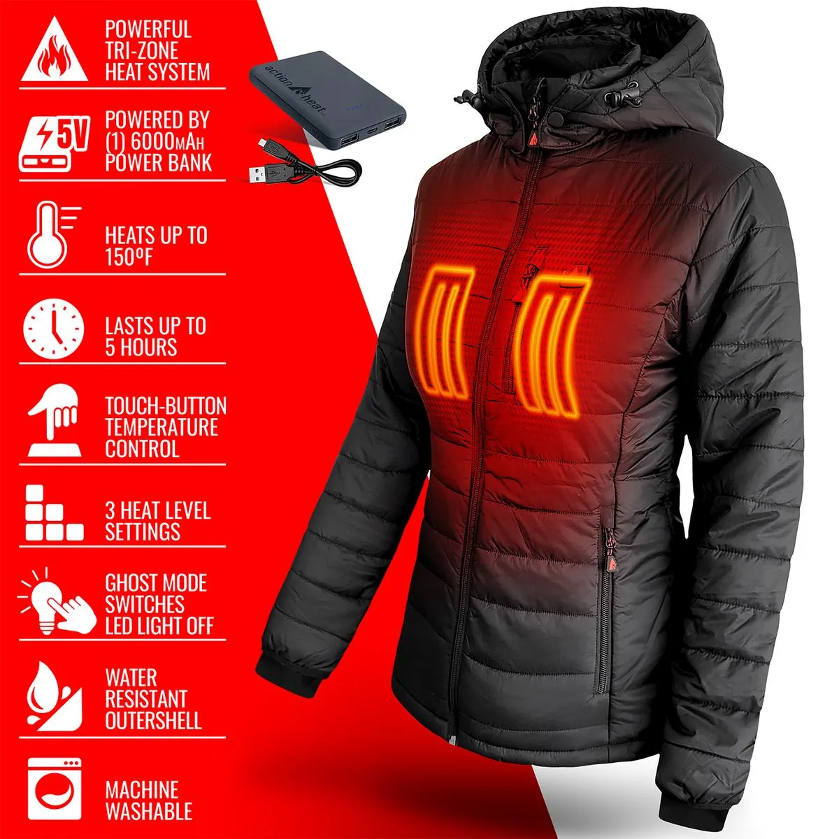 ActionHeat 5V Women's Insulated Puffer Battery Heated Jacket W/ Hood