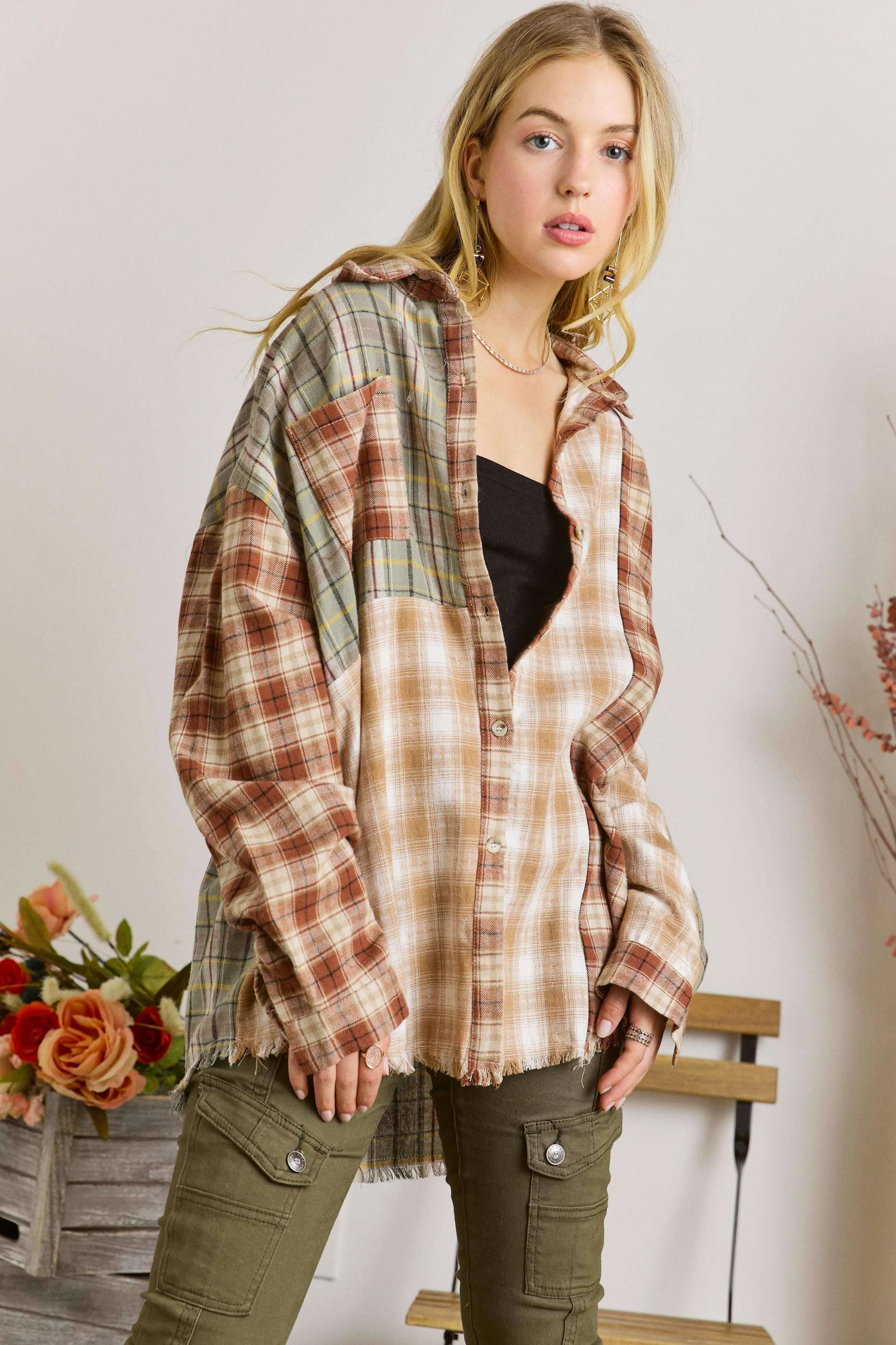 Adora Reg/Plus Frayed Edge Bohemian Plaid Flannel Shirt