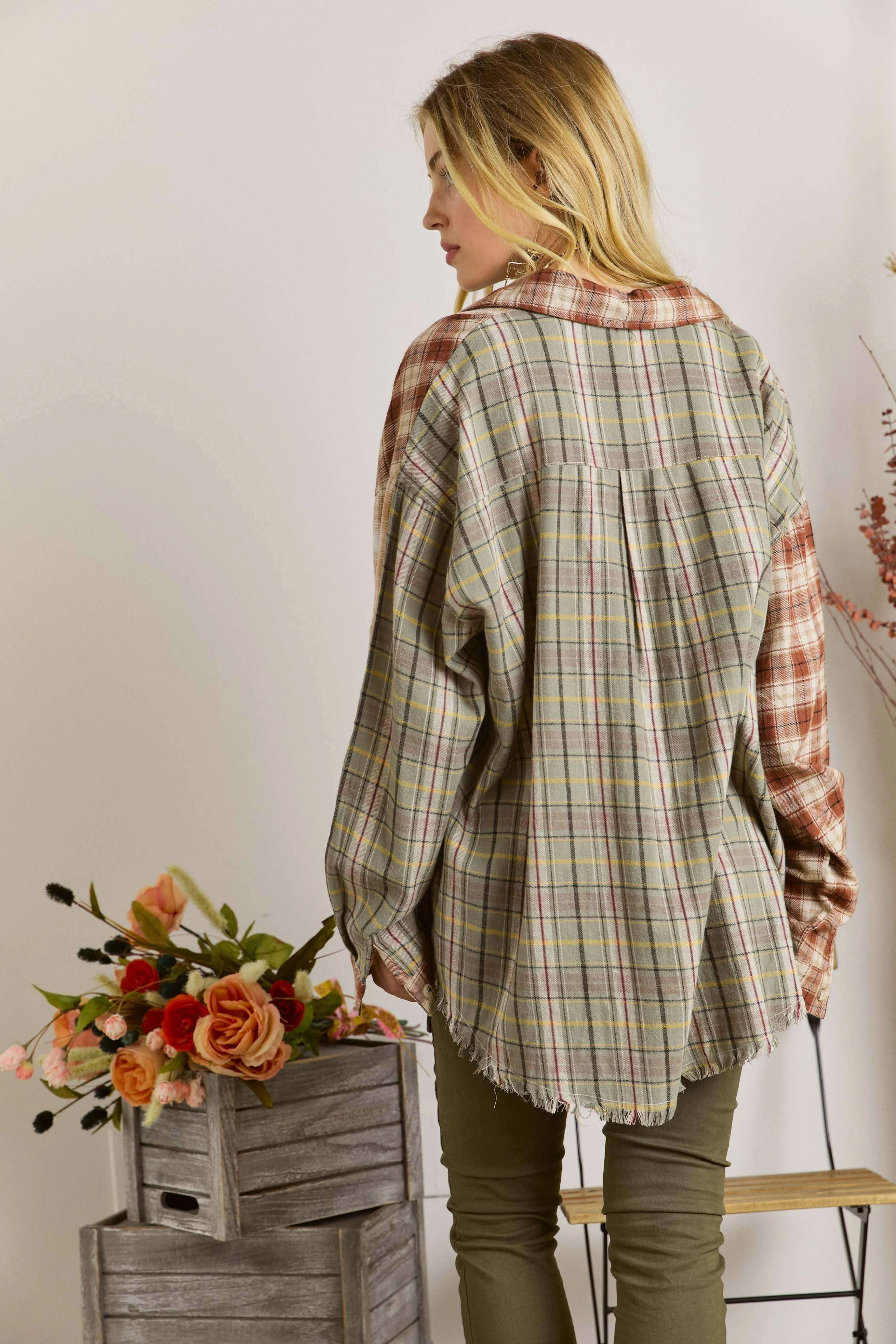 Adora Reg/Plus Frayed Edge Bohemian Plaid Flannel Shirt