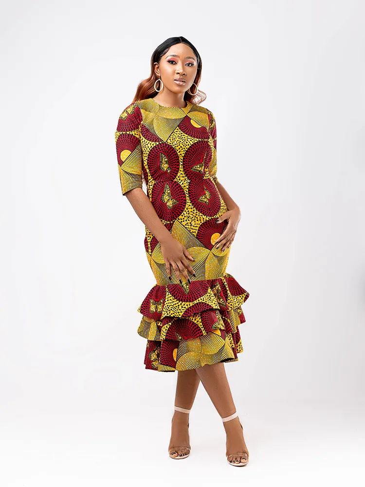 African Print Kadija Raglan Sleeves three steps flare dress