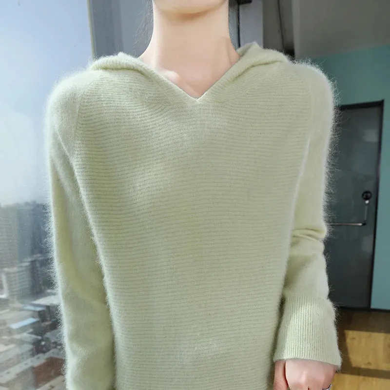 Autumn And Winter New Women's 100% Mink Cashmere Round Neck Hooded Jumper Fashion Sweater