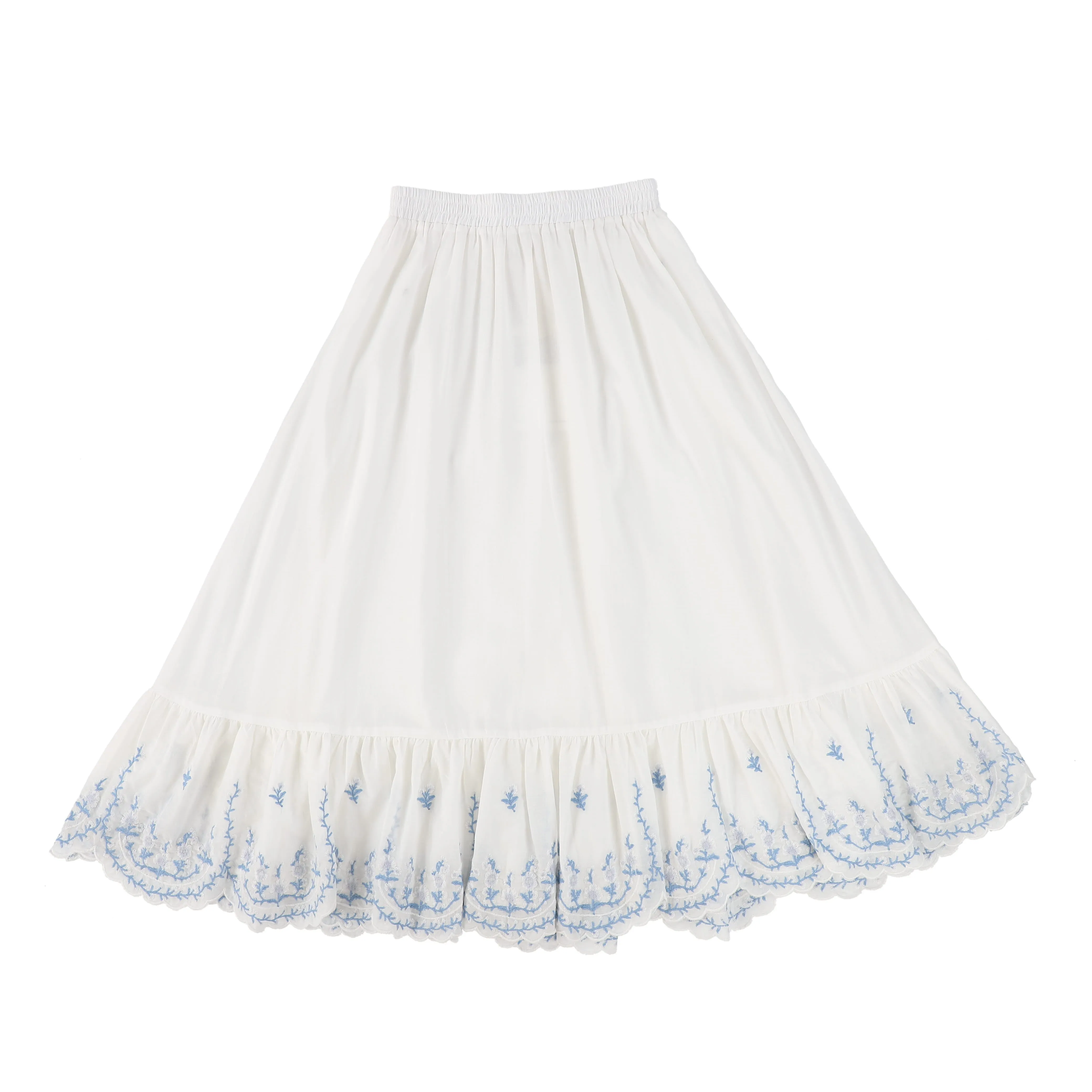 BAMBOO WHITE EMBROIDERED SCALLOP TRIM MIDI SKIRT [FINAL SALE]