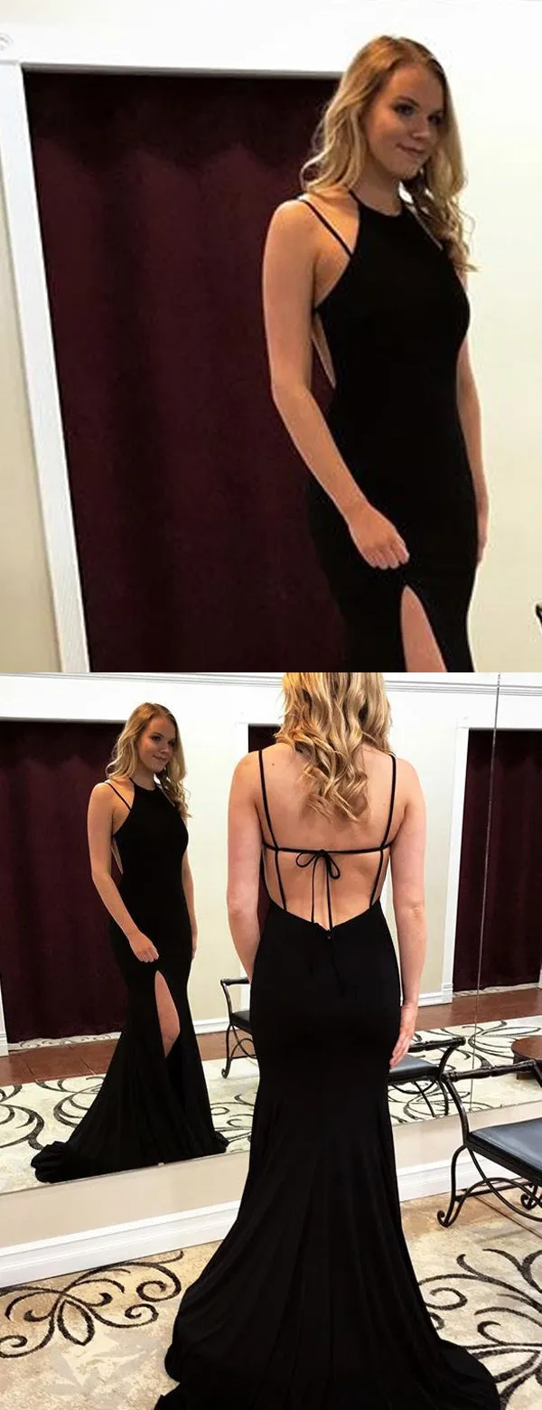 Black Jersey Spaghetti Strap Backless Mermaid Halter Simple Prom Dresses .PD00239