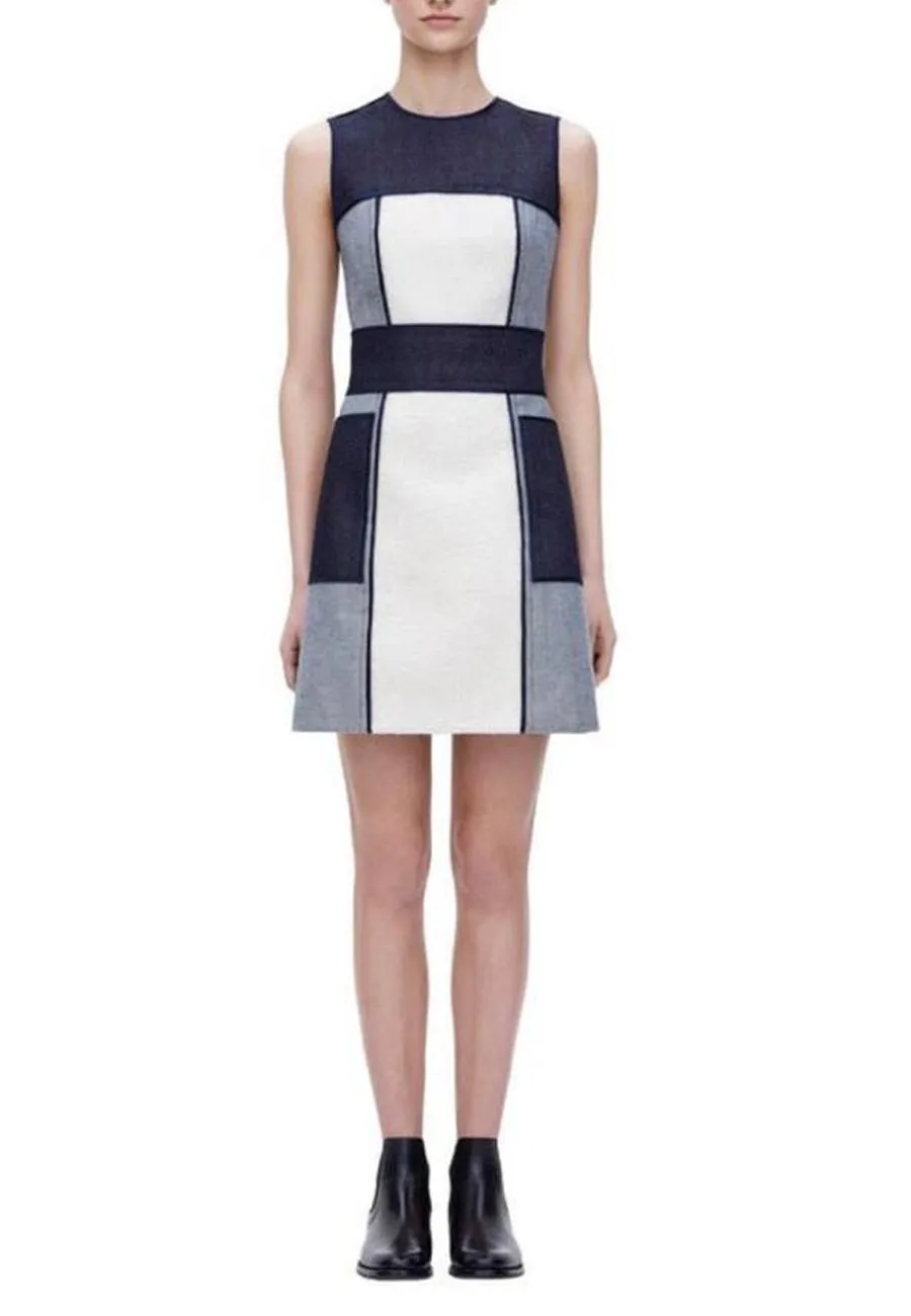 Blue Denim Borg Paneled Colorblock Mini Dress