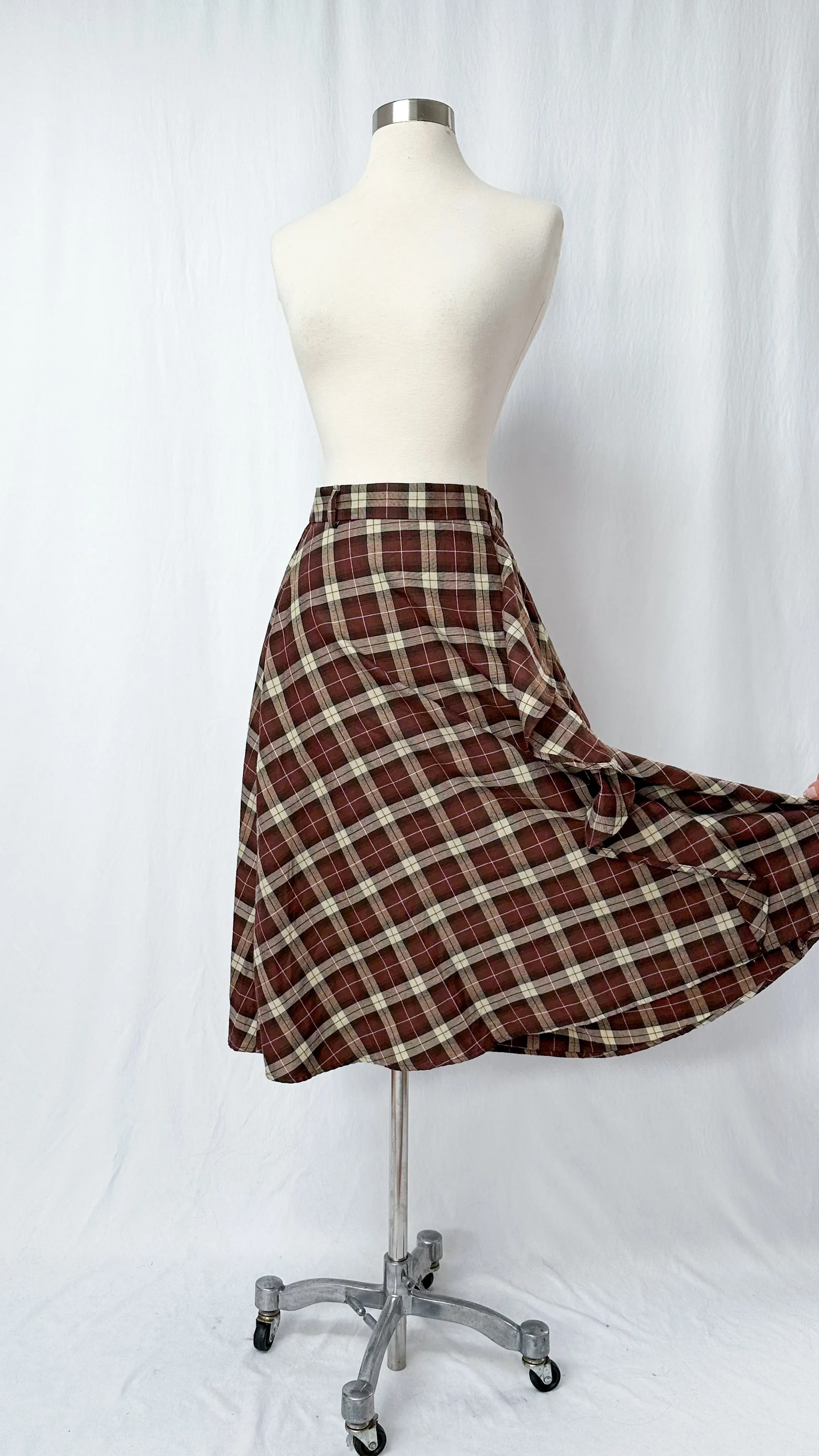 Brown Plaid Ruffle Front A-Line Skirt (S)