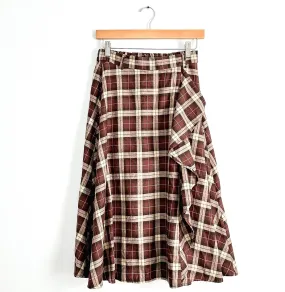 Brown Plaid Ruffle Front A-Line Skirt (S)