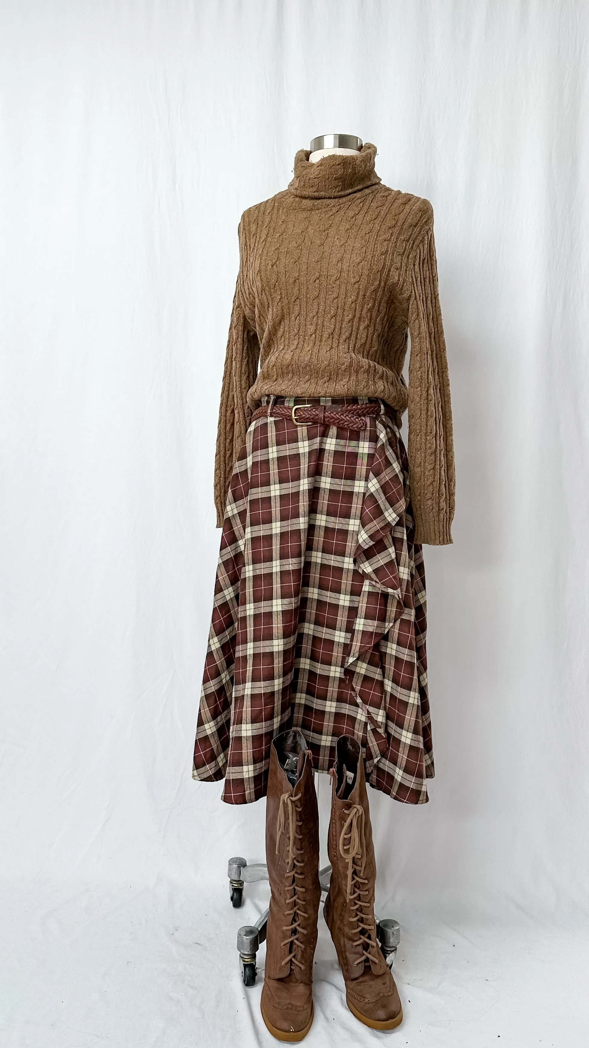 Brown Plaid Ruffle Front A-Line Skirt (S)