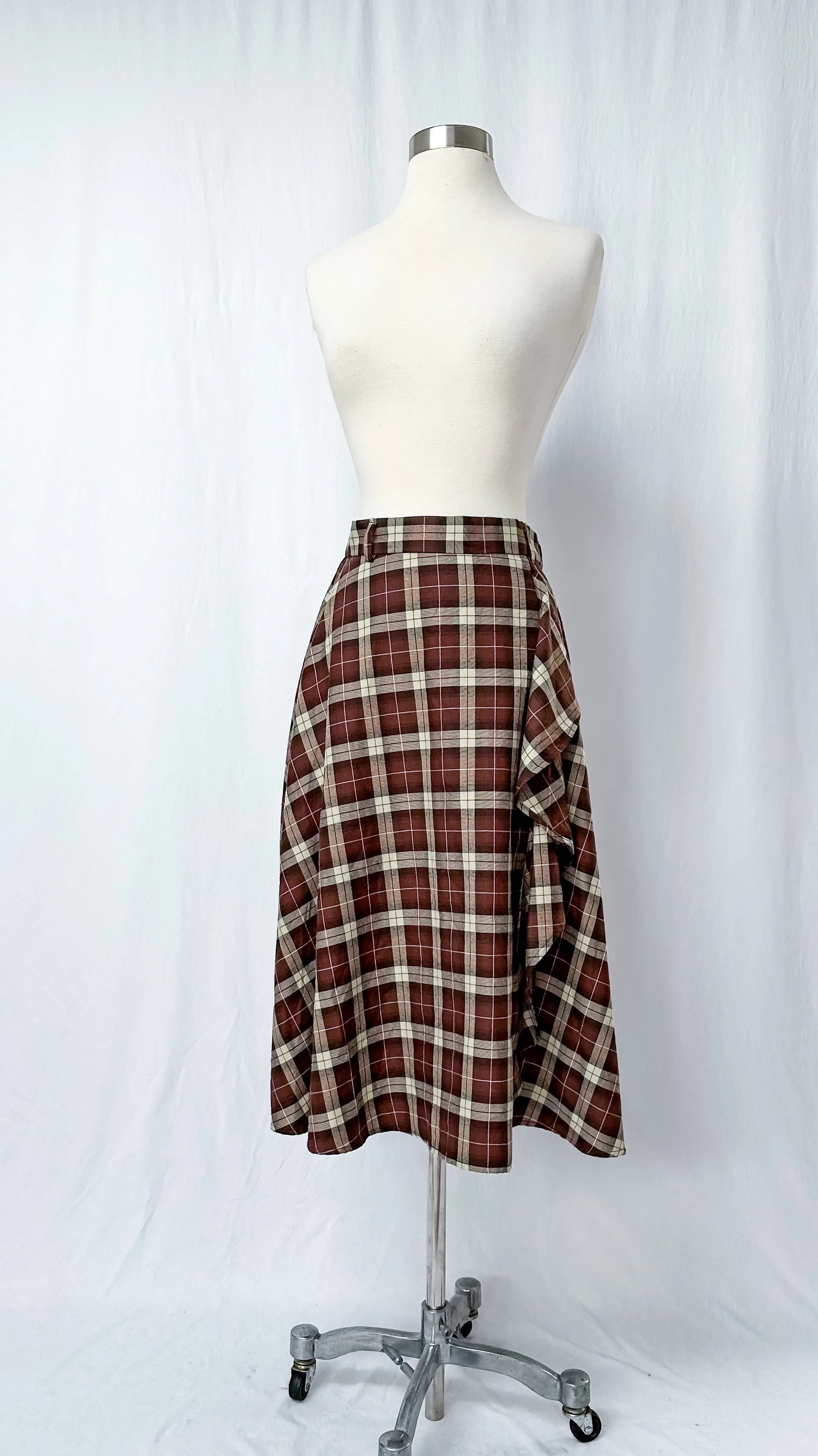 Brown Plaid Ruffle Front A-Line Skirt (S)