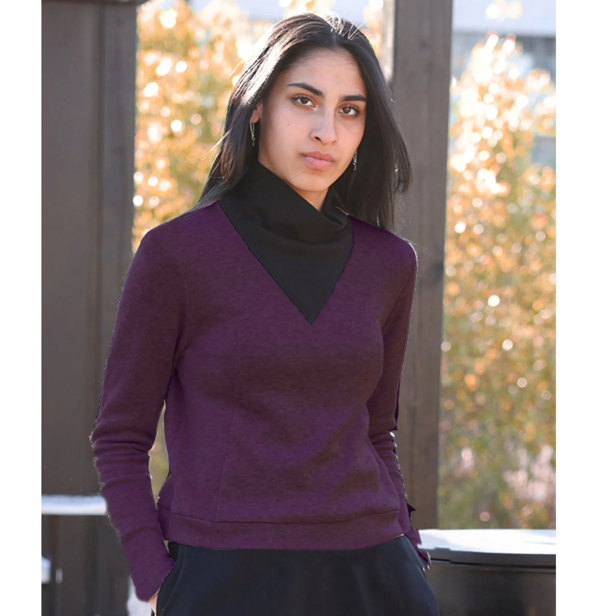 Burgundy Contrast Ribbed Cowlneck Top