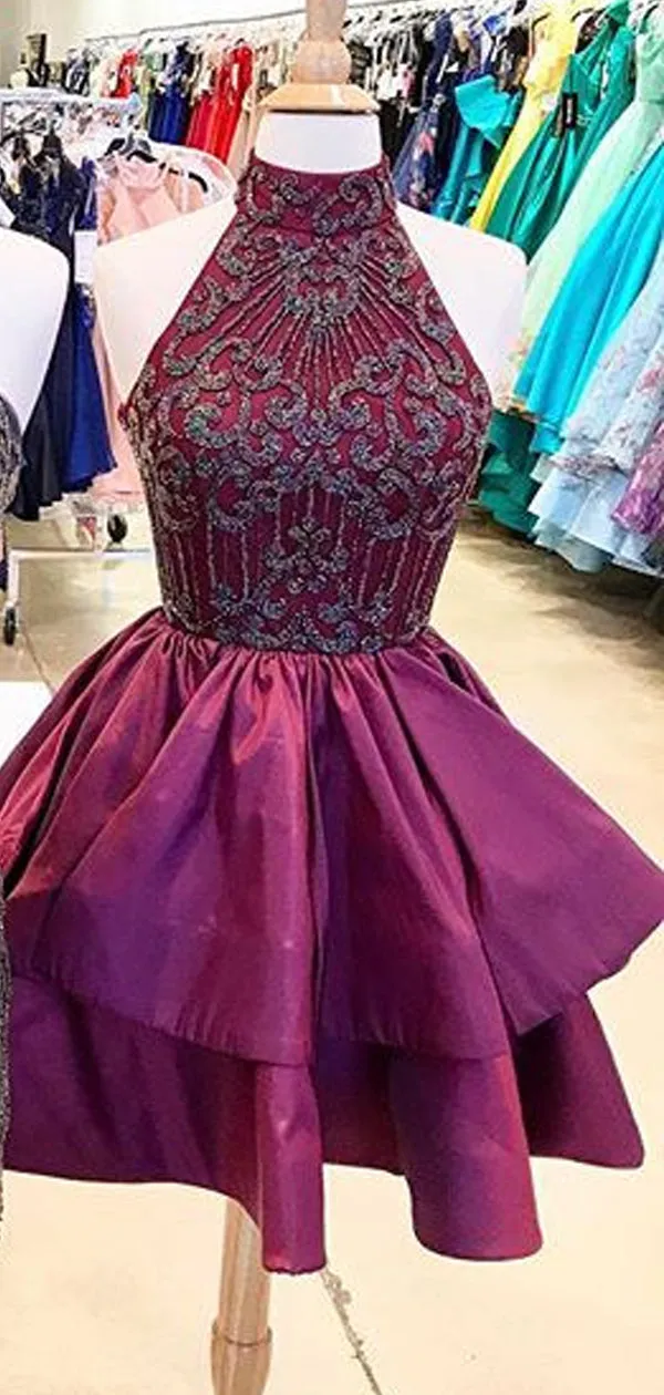 Burgundy Elastic Satin Beading Mismatched Sleeveless Homecoming Dresses  ,HD0040