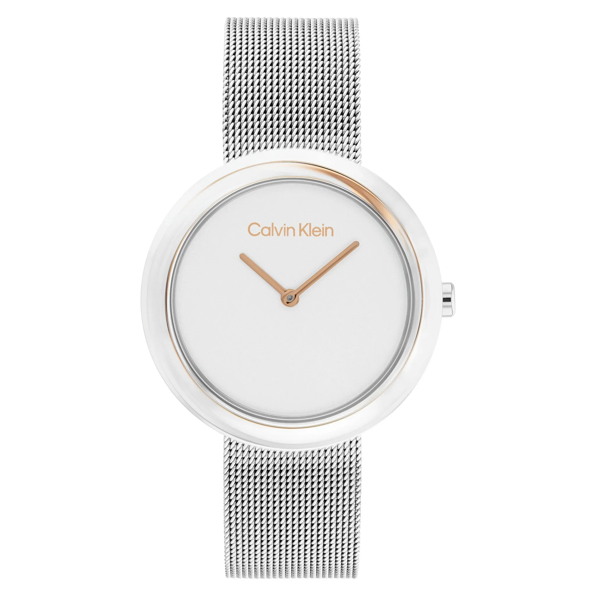 Calvin Klein Twisted Bezel Silver Mesh White Dial Women's Watch - 25200011