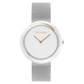 Calvin Klein Twisted Bezel Silver Mesh White Dial Women's Watch - 25200011