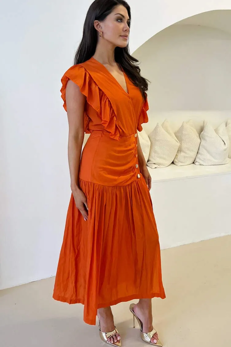 Camille Orange Frill Shoulder Dress