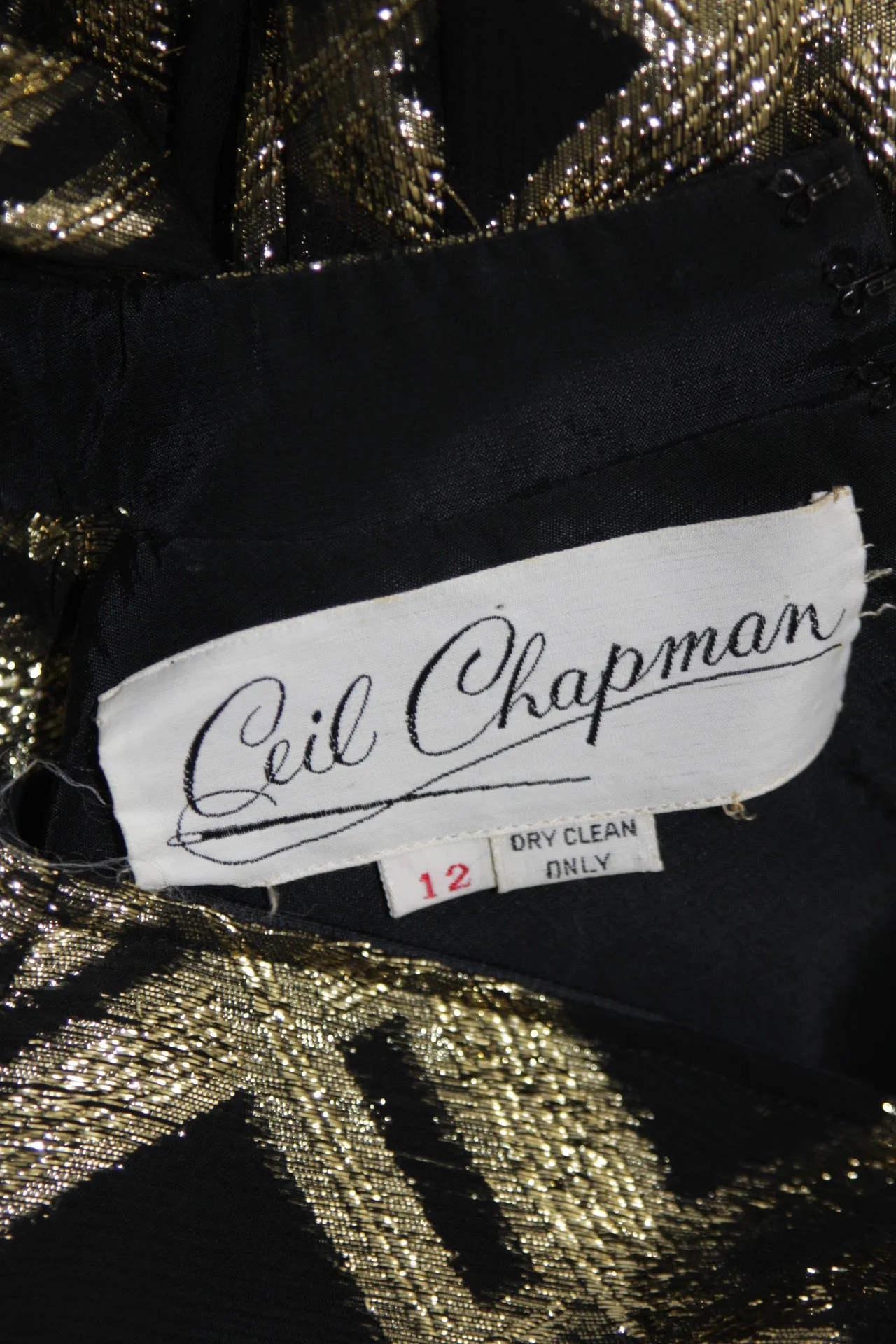 CEIL CHAPMAN Black Silk and Gold Cocktail Dress Size M