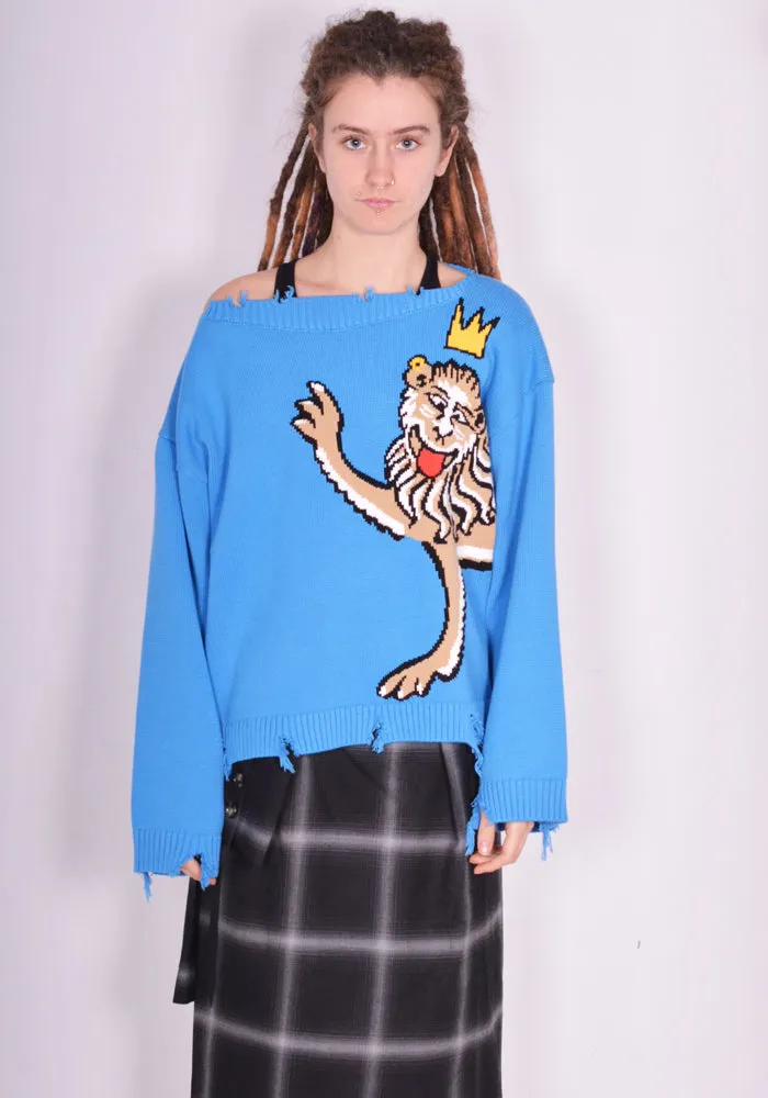 CHARLES JEFFREY LOVERBOY 43090201 UNISEX SLASH KNITTED SWEATER BLUE SILLY LION