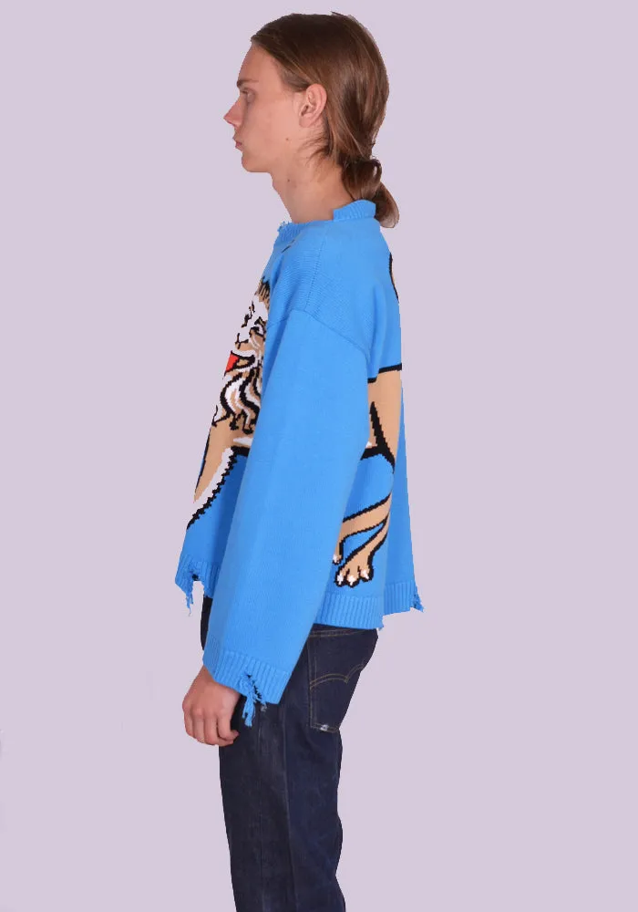 CHARLES JEFFREY LOVERBOY 43090201 UNISEX SLASH KNITTED SWEATER BLUE SILLY LION