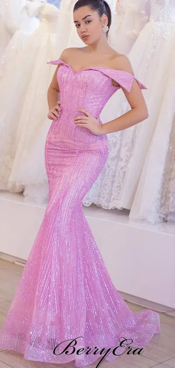 Charming Off The Shoulder Shiny Prom Dresses, Mermaid Sequins Long Prom Dresses