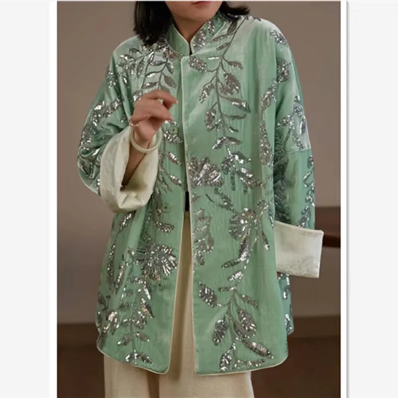 Chinese High-End Green Velvet Jacket Top for Women New Autumn Winter Elegant Embroidery Sequin Loose Long Sleeved Tang Coat J221