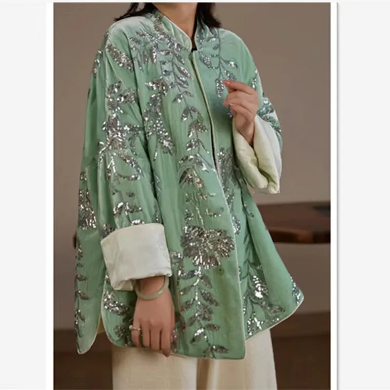 Chinese High-End Green Velvet Jacket Top for Women New Autumn Winter Elegant Embroidery Sequin Loose Long Sleeved Tang Coat J221