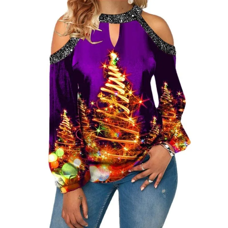 Christmas hanging neck button long sleeve hollow lantern sleeve women's T-shirt