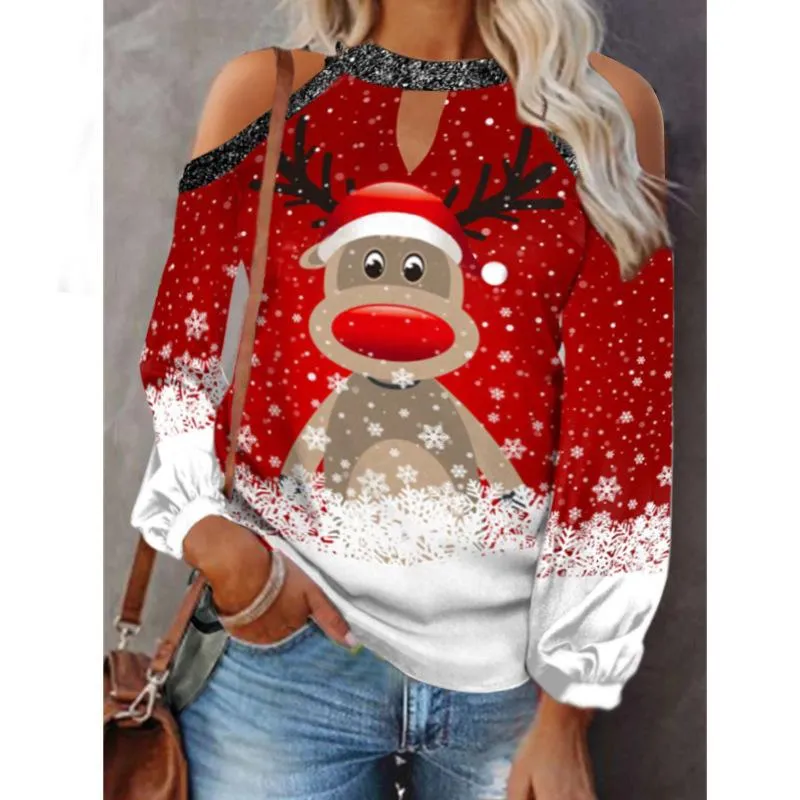 Christmas hanging neck button long sleeve hollow lantern sleeve women's T-shirt