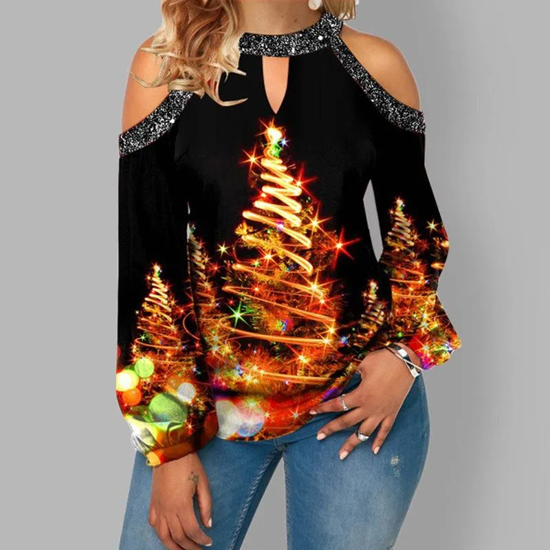 Christmas hanging neck button long sleeve hollow lantern sleeve women's T-shirt